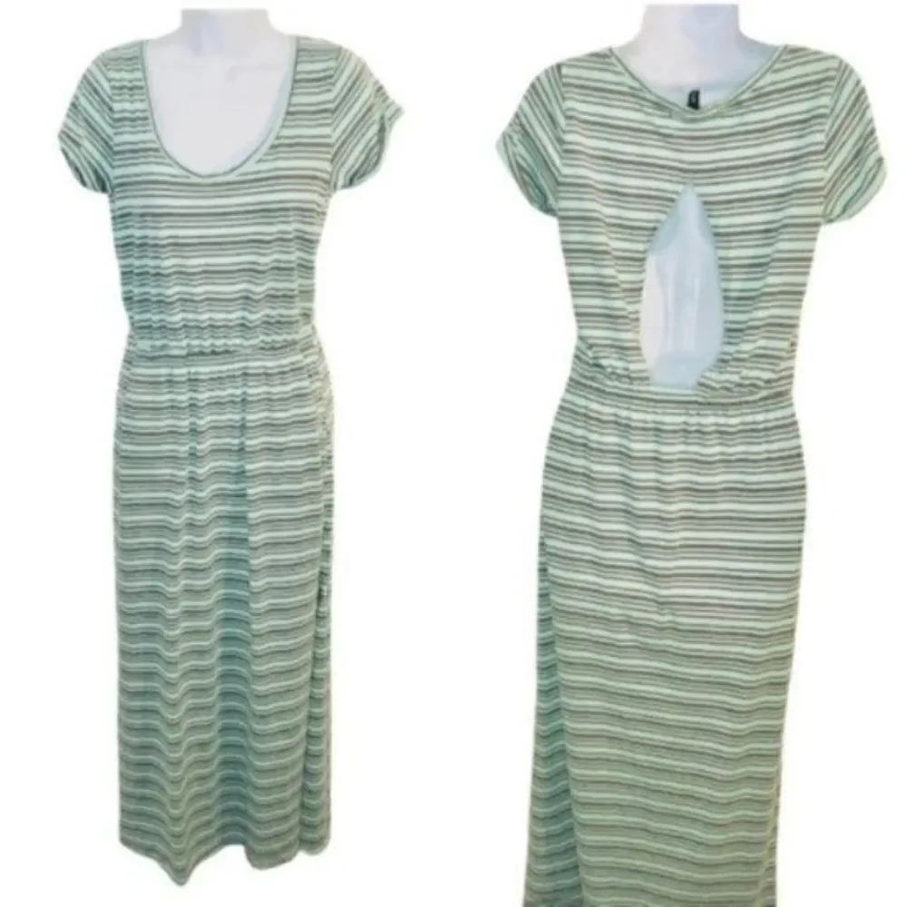 Derek Heart Mint Green Gray Stripe Cutout Back Maxi T-Shirt Dress  M